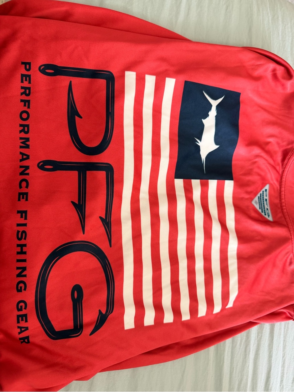 Men’s PFG Performance Fishing Gear Tee - Red with Navy & White Flag Graphic
